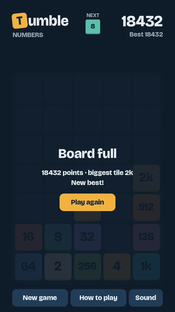 Tumble Numbers: board full and a new best score